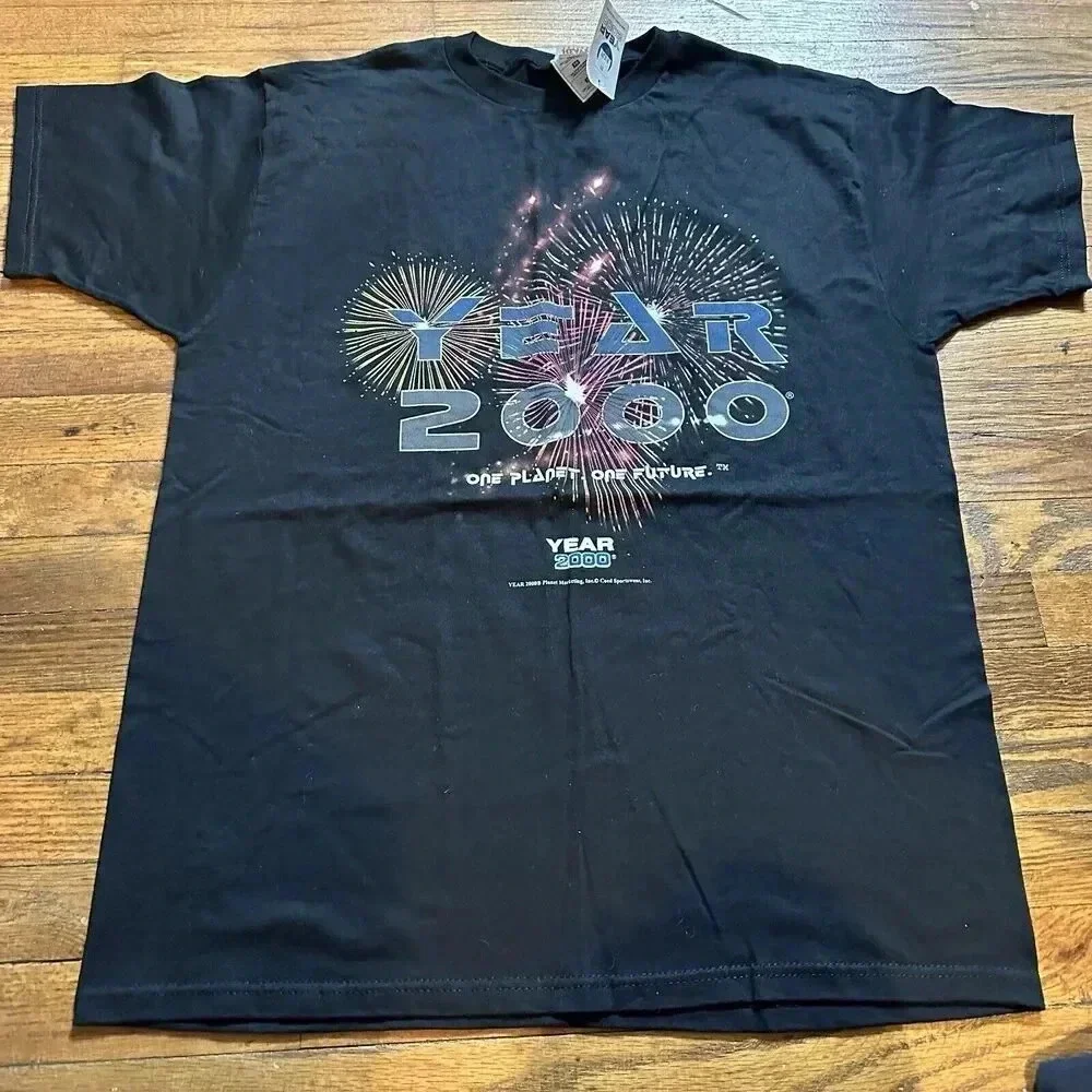 Vintage Y2K Year 2000‎ USA T-Shirt Mens Large Black Short Sleeve Cotton Graphic